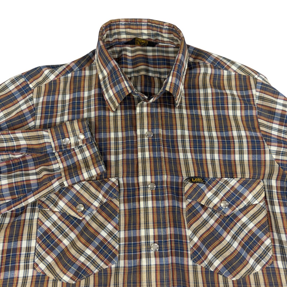 Vintage Lee Mens Plaid Western Pearl Snap Shirt Brown Blue Made in USA Medium